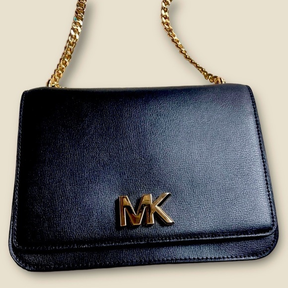 Michael Kors Mott Crossbody black gold logo wt strap chain Women Unisex Leather. - Picture 1 of 7